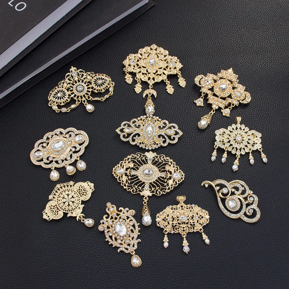 Gold Color Arabic Women Brooch Hijab Lapel Pins Hollow Rhine