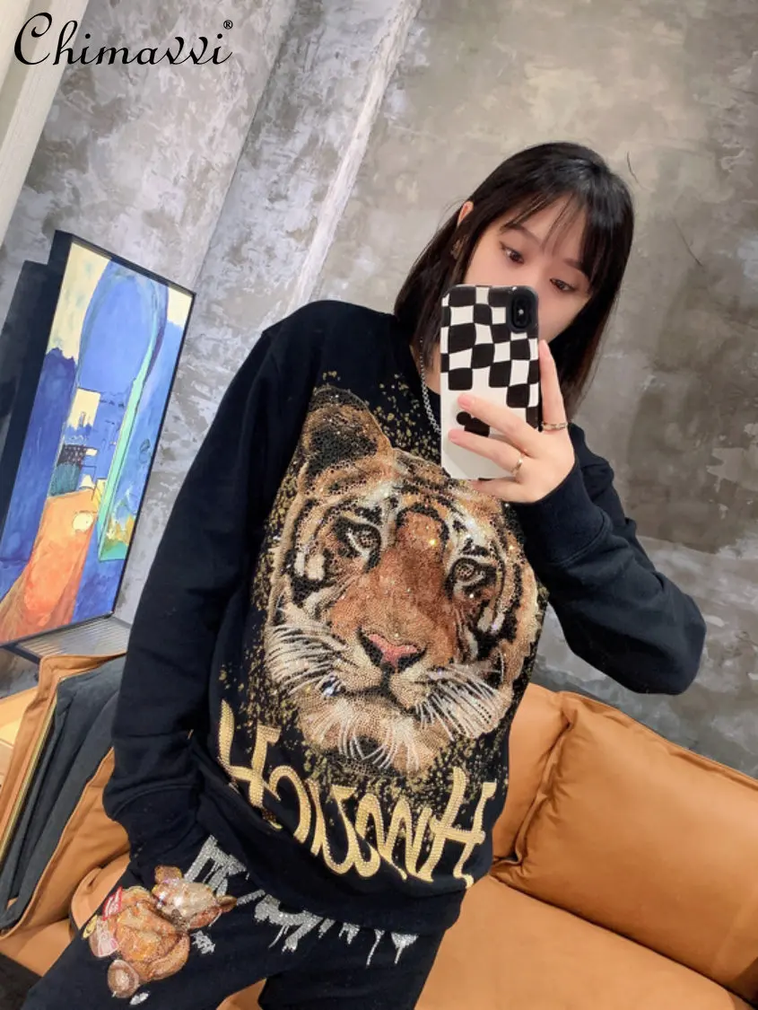 

Oversized Clothing Fashion Brand Tiger Head Rhinestone Black Hoodie Coat Women's Round Neck Long Sleeve Loose Sweater Top