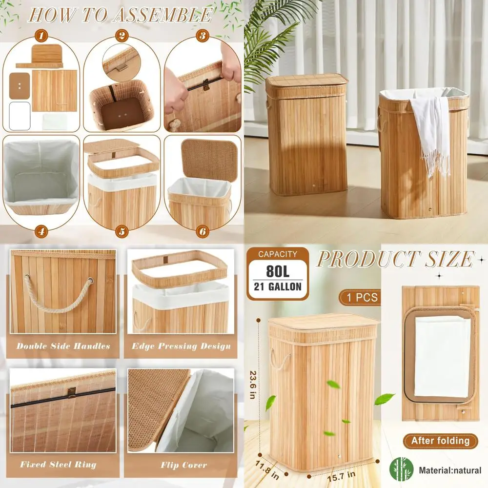 

Тонкий бамбуковый мусорный бак, складной прямоугольный мусорный бак на 21 галлон с крышкой для дома, офиса и спа (цвет дерева)