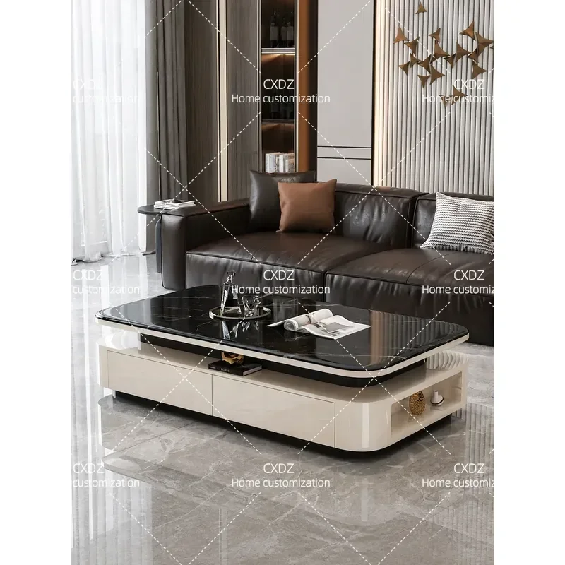 Solid Wood Piano Finish Microcrystalline Stone Coffee Table Modern Minimalist Rectangular Storage High End Living Room