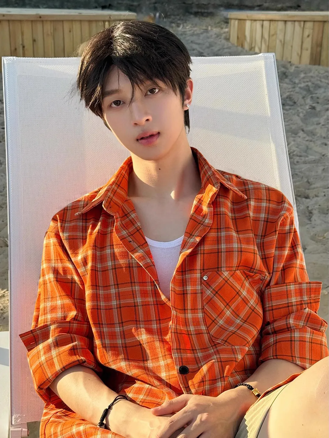 Dopamine Orange Plaid Long Sleeve Loose Collar Men's Shirt Outdoor Style Casual Wear Summer Season Regular Length Coat