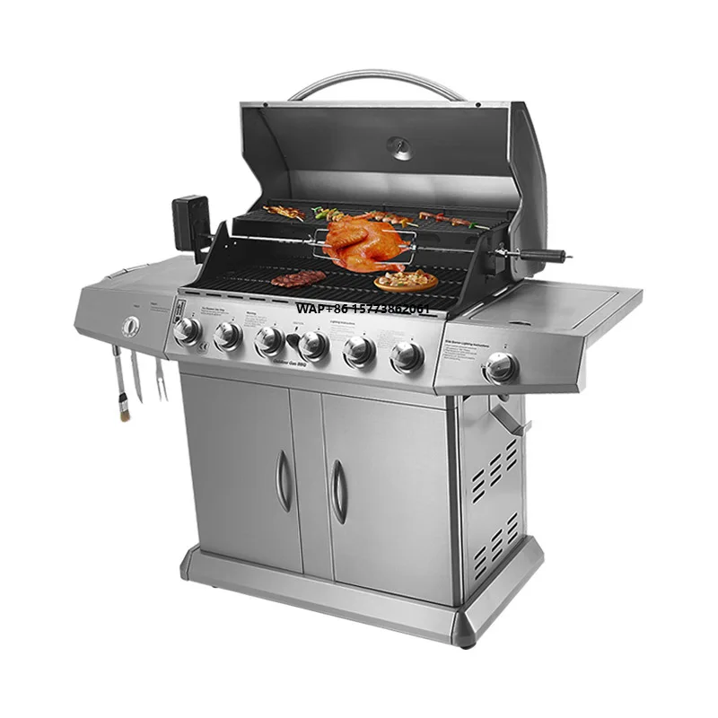 

Газовый гриль-барбекю на открытом воздухе, 6 конфорок с боковой горелкой 84000 БТЕ, портативный барбекю на заднем дворе, нержавеющая сталь