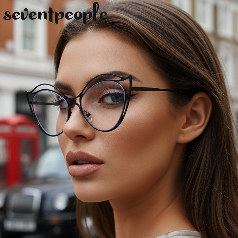 

Classic Anti Blue Light Sexy Cat Eye Glasses Women 2025 Luxury Brand Metal Frame Hollow Computer Prescription Eyeglasses UV400