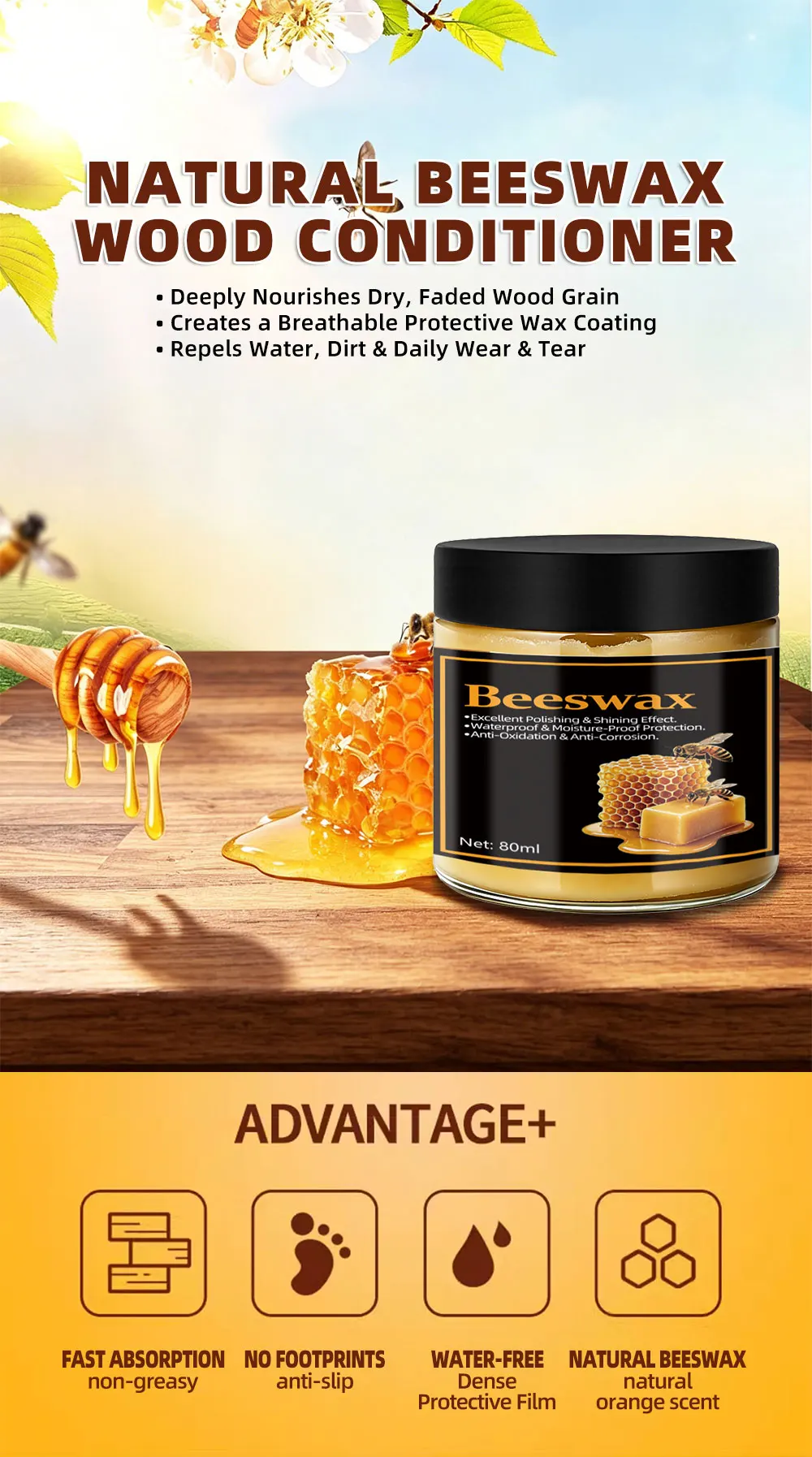 80ml natural beeswax with sponge, unscented type for furniture, floor, etc., essential wooden care for home, simple packaging