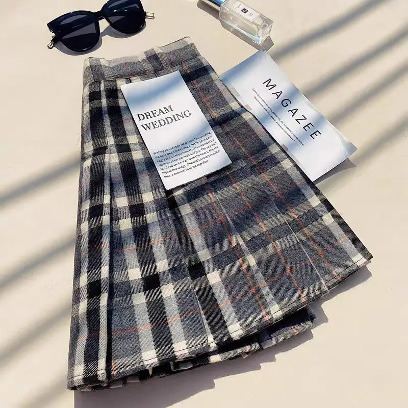 Plaid Soft Pleated Skirt 2024 Autumn Winter New High Waist Preppy Style A-line Skirt Women Clothing Korean Fashion Sweet Skirt