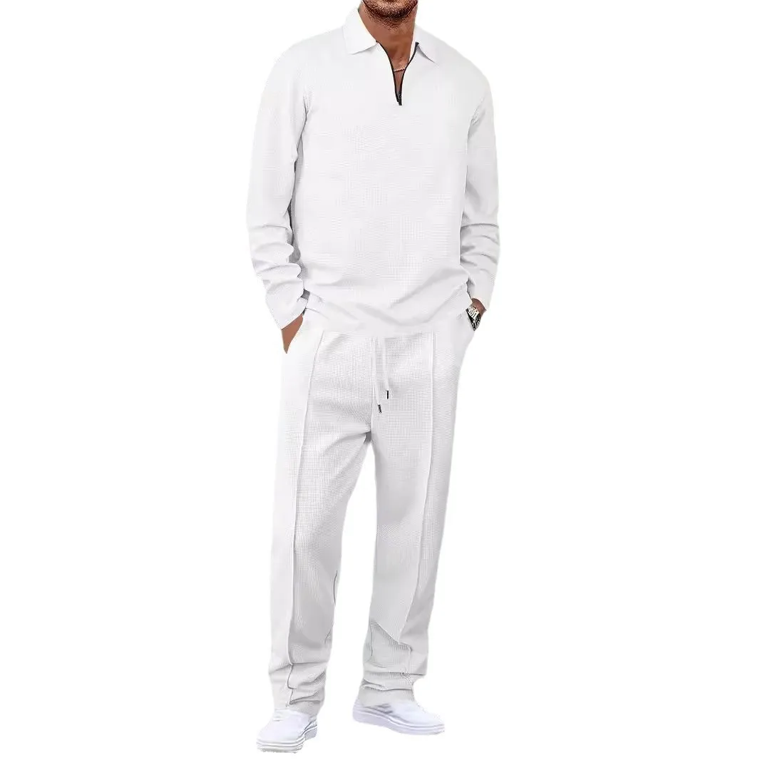 

Mens Waffle Suit Long-sleeved Striped POLO Shirt Suit Fashion Casual Zipper Lapel Suit for Men