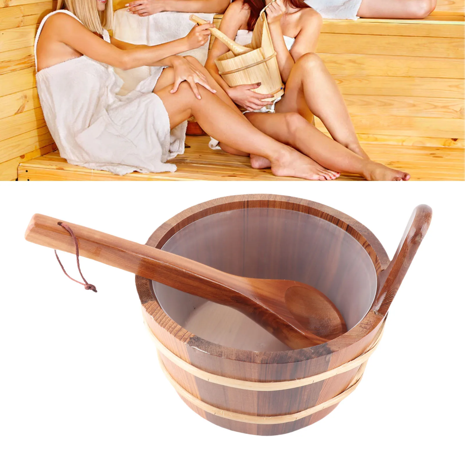 Sauna Bucket Ladle Set Leakage Proof Steam Room Wooden Barrel with Plastic Liner for SPA Swimming Pool 4L Sauna Room Bucket