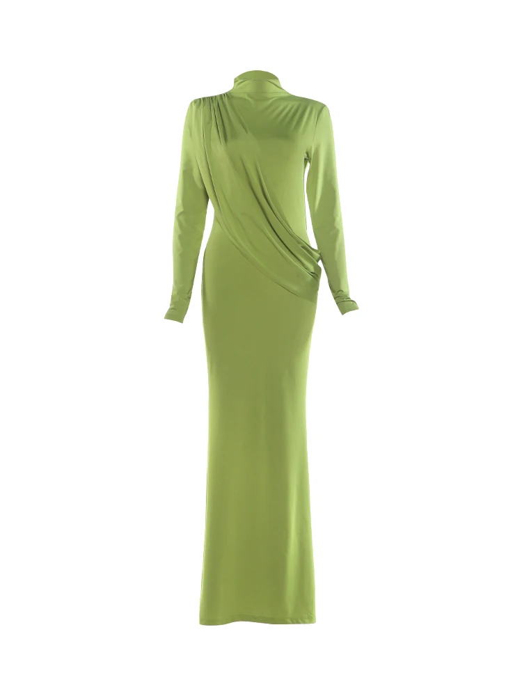Weird Puss Ruches Elegantes Abendkleid für Damen mit Halbhoher Kragen, Rückenfrei, Langen Ärmeln, Party-Stil, Hoher Taille, Langes Bodycon-Kleid – Detail 2