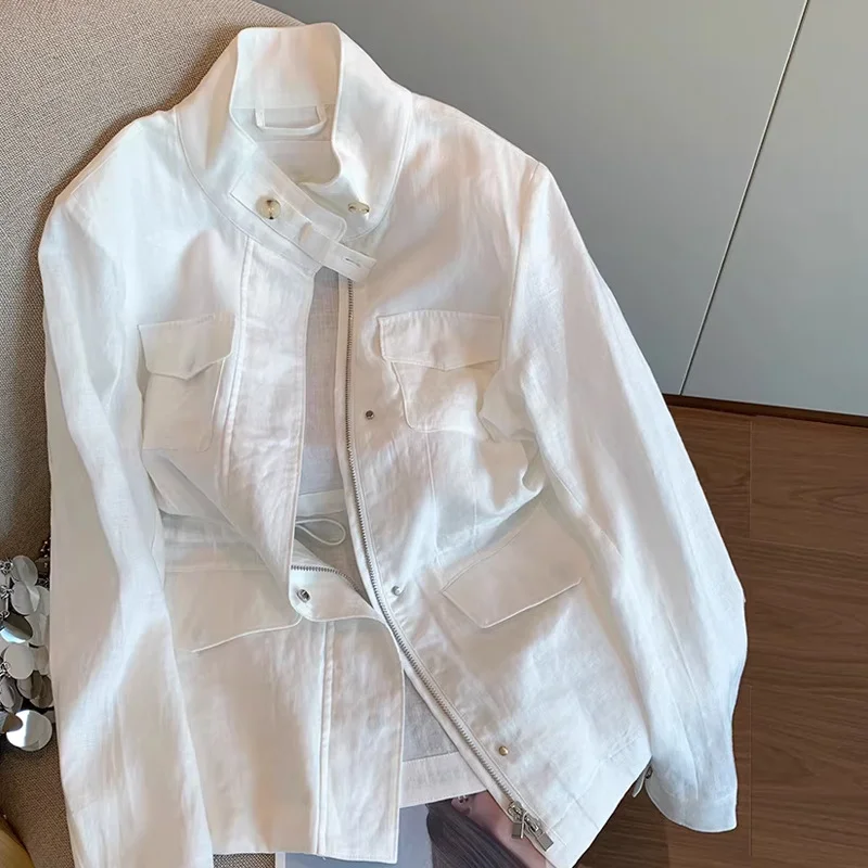 Women's White Stand Collar Linen Shirt Jacket 2026 Spring & Autumn New  Elegant Sweet Long Sleeve Top Single-breasted Coat