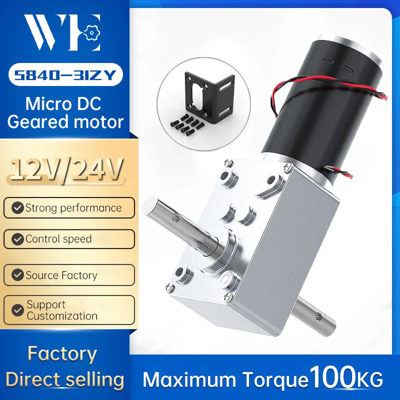 Silnik prądu stałego Bringsmart 12V z podwójnym wałem, przekładnią ślimakową, wysokim momentem obrotowym 70KG.CM, silnik 24V z wałem typu D, reduktor ślimakowy, rewersyjny.