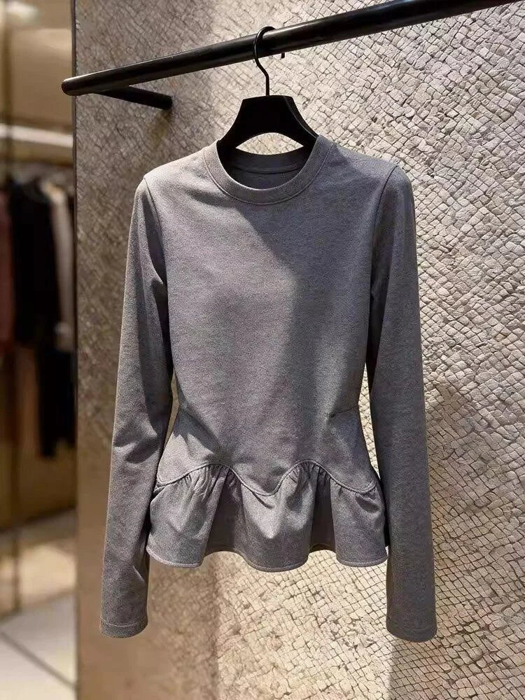 

Spring 2026 Women's Gray Slimming Waist Design Sense Holland Base Shirt Korean Style round Neck Long Sleeve Polyester Fiber