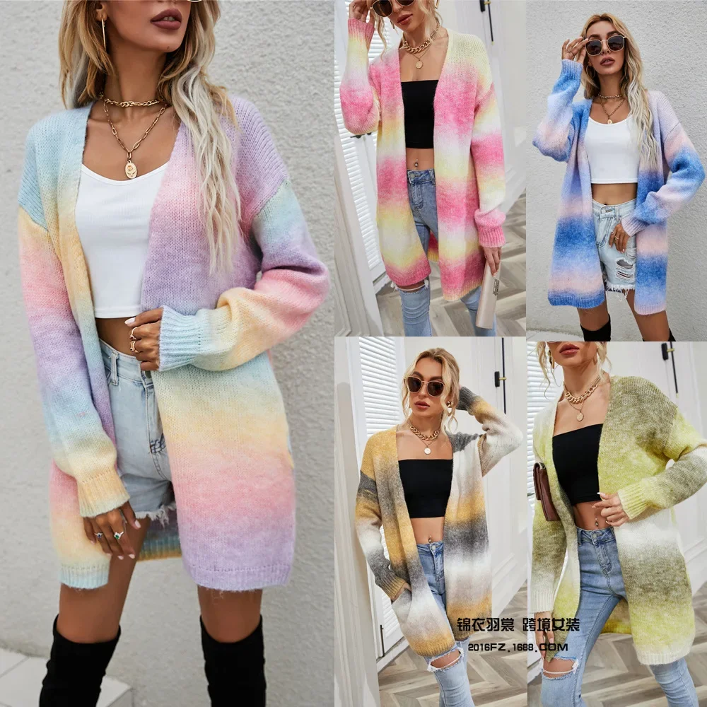 Coat Women Cardigan Mid Length Coats Spring Open Stitch Tie Dye Jumpers Rainbow Elegant Autumn Streetwear Knitted Sweaters