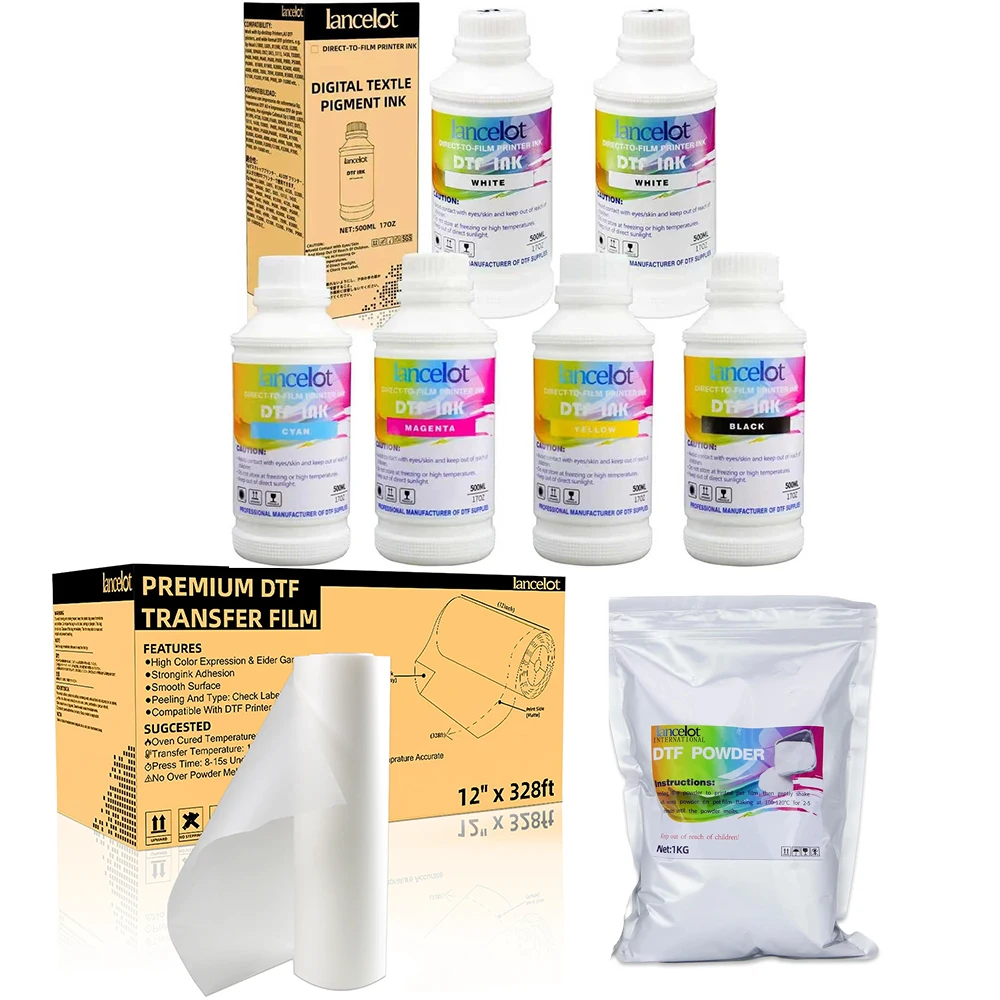 

Lancelot All-in-1 DTF Transfer Kit: 5 Color Ink + A3/A4 Film + Powder for DIY T-Shirt & Garment