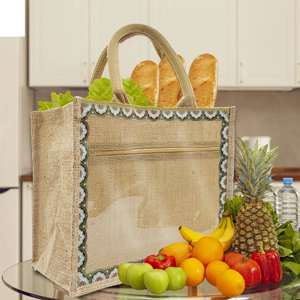 

Linen Tote Bags Shopping Bags with Handle Waterproof Reusable Grocery Bags Daily Utility Bag for Grocery/School/Travel/Study/Gym