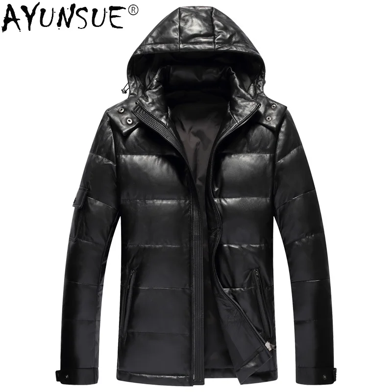 AYUNSUE Men Clothing Men\'s Winter Down Jacket Real Sheepskin Leather Jackets Hooded Thick Coat 2020 Mens Clothing Jaqueta LXR376