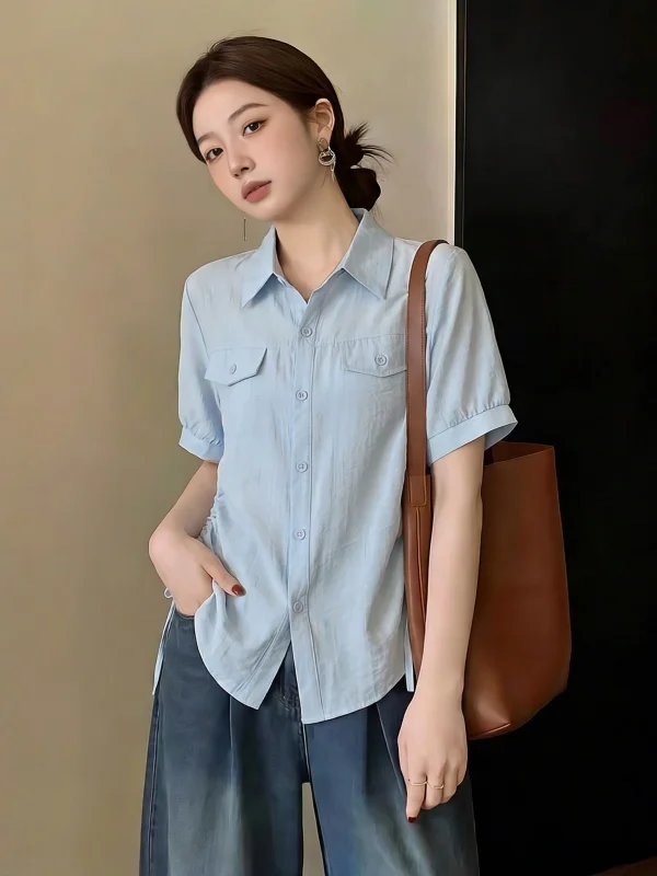 

Light Blue Short Sleeve Irregular Hem Shirt Women's plus Size Summer New Style Drawstring Shoulder Length Korean Style Blouse