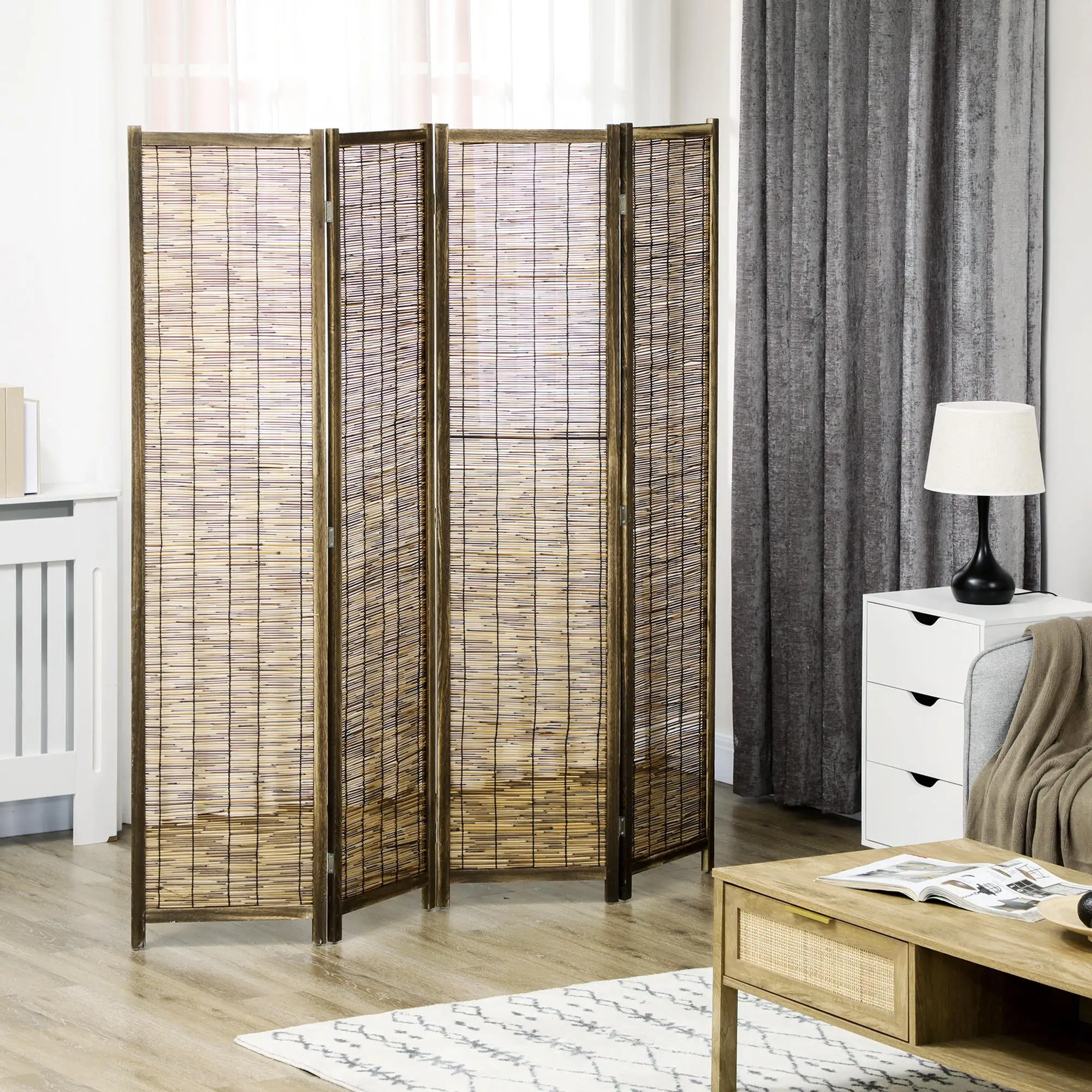 Paravent en bois massif 160x170 cm, séparateur à 4 ailes avec joint métallique large Java, stable, pour chambre, bureau, intimité
