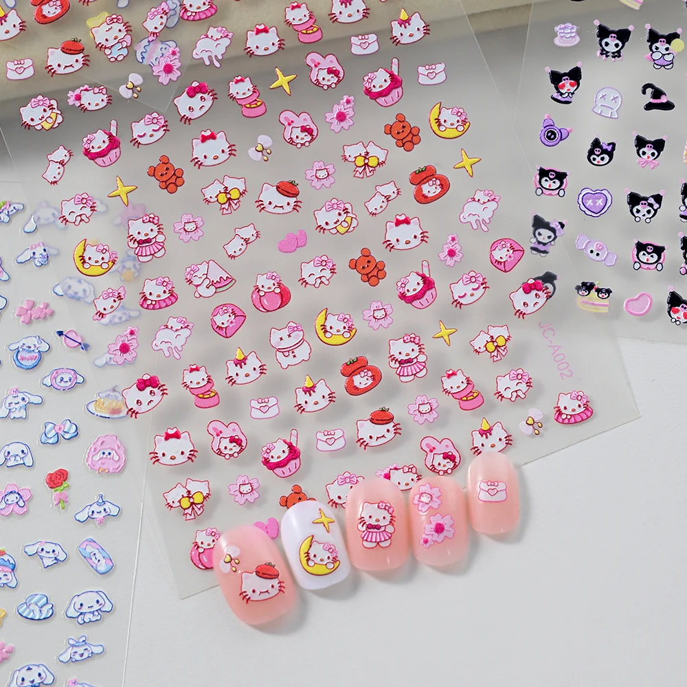 1Pc Cartoon Kuromi Hello Kitty Nail Stickers 5D Reliëf Melodie Cinnamoroll Adhesive Decals Kawaii Sliders Manicure Decoratie