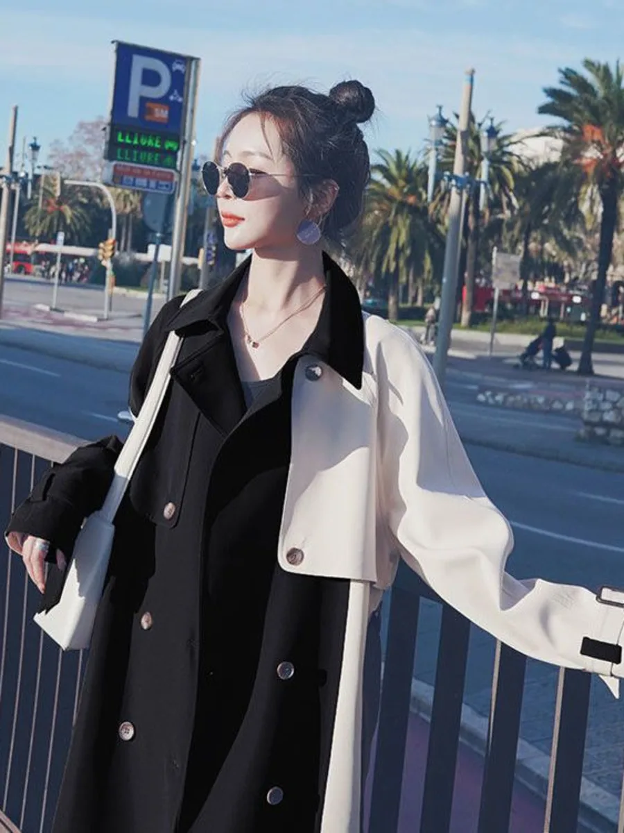 

Elegant Long Coats Simple Chic Classic Trench Women Casual Windbreaker Autumn Spring Patchwork Fashion Jacket Coat Female