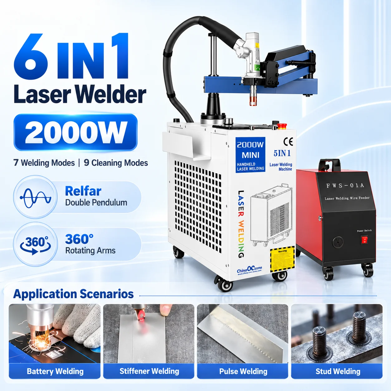 Macchina laser 6 in 1 da 2000W per saldatura, taglio e pulizia, con doppio pendolo, rinforzo e batteria, saldatrice laser per bulloni in metallo con alimentatore automatico di filo