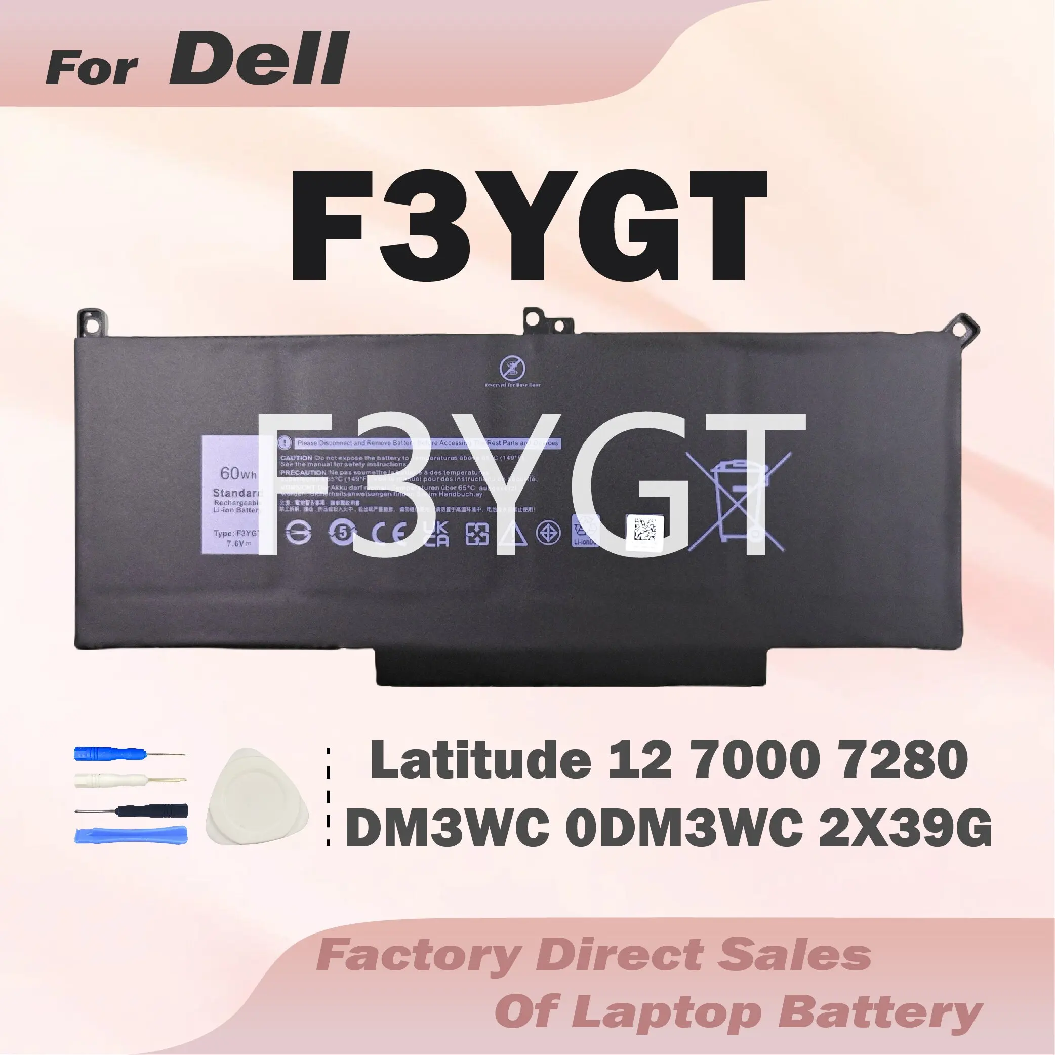 F3YGT Laptop Battery For DELL Latitude 12 13 7000 7280 7290 E7280 E7290 E7380 E7390 7000 7380 7390 7480 7490 2X39G