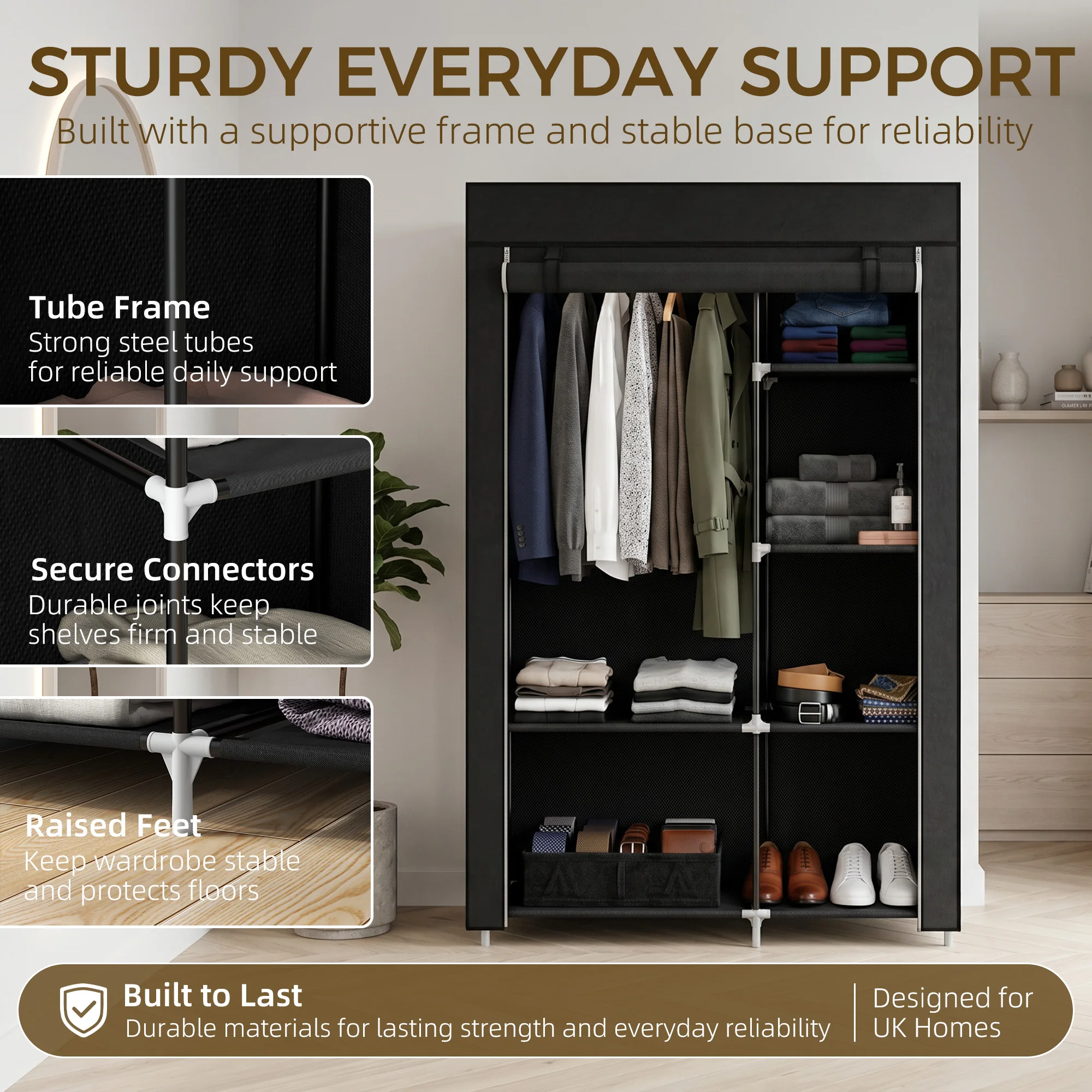 HOMCOM Fabric Wardrobe w/ Shelves Hanging Rail Foldable Closets