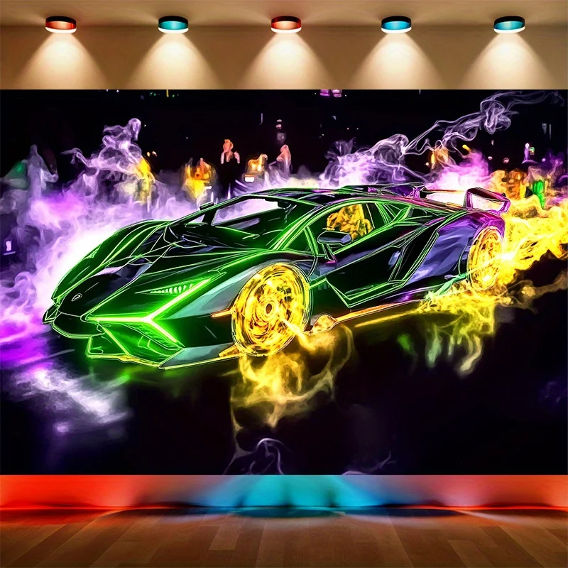 1pc Neon Green Supercar Smoke Drift Night 2D Flat Tapestry Backdrop For Garage Decor Cyberpunk Car Wall Hanging Art Print