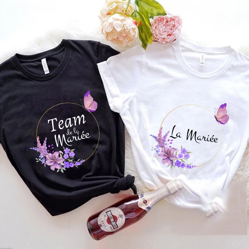 Team Bride T-Shirt Bridal Shower Wedding Bachelorette Party Tops Evjf Future Tees Women French Girl Single Farewell Clothing