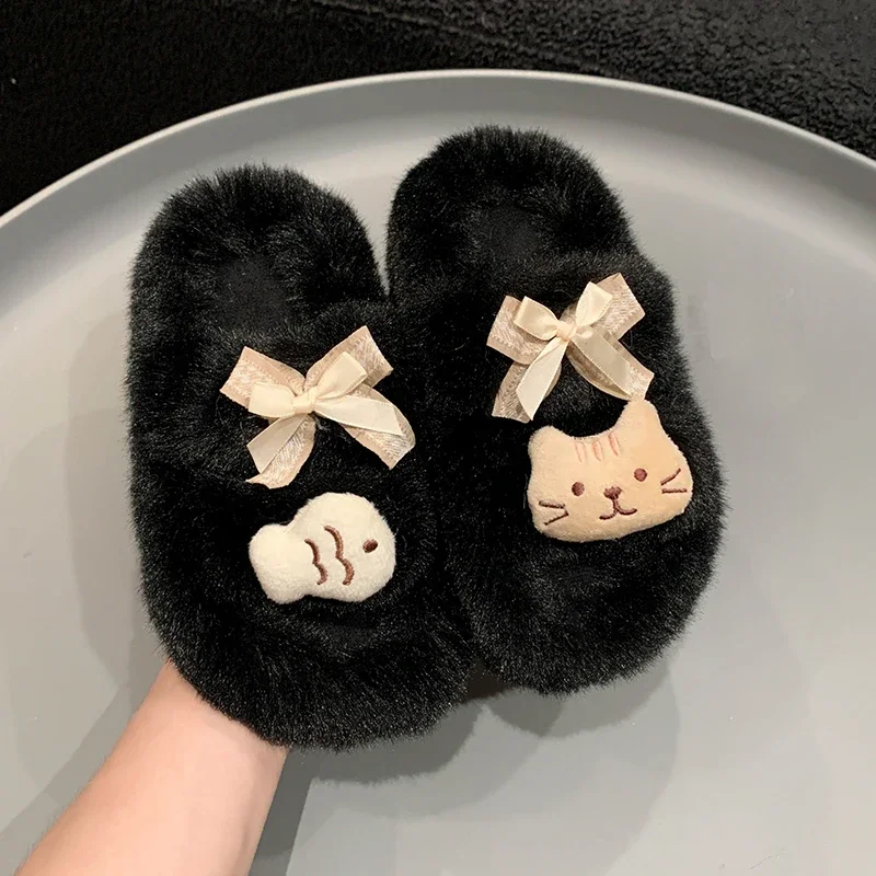 Girls Slippers with Butterfly Bow Small Fish and Cat Warm Non Slip Soft Bottom Winter Indoor Suede One-piece Slippers De Mujer