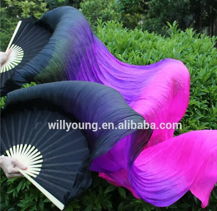 New Arrivall (1pc Left +1pc Right) 180cm Belly Dancing China Real Silk Fan Veils Stock Silk Fans Black + Purple + Fuschia