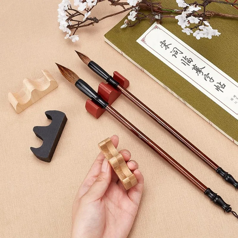 8Pcs Painting Brush Rest Stand 4 Color Calligraphy Brush Holder Fire Shaped Wooden Writing Brush Rack