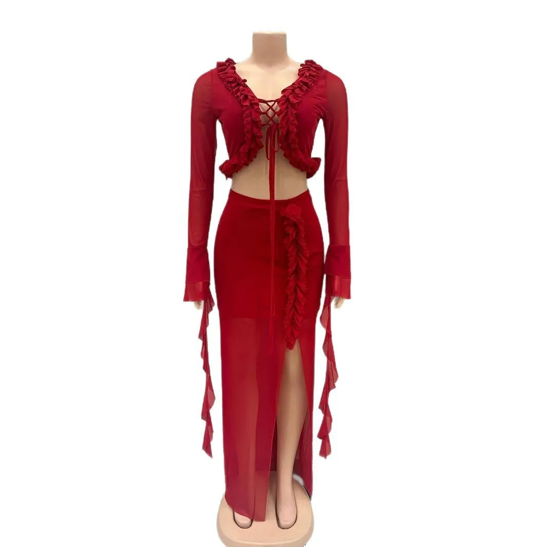 Cardigan aperto sexy Sa e gonna lunga avvolgente Set Faion da donna Nuovo arrivo transfrontaliero V-Ne Long Sve Casual Spo...