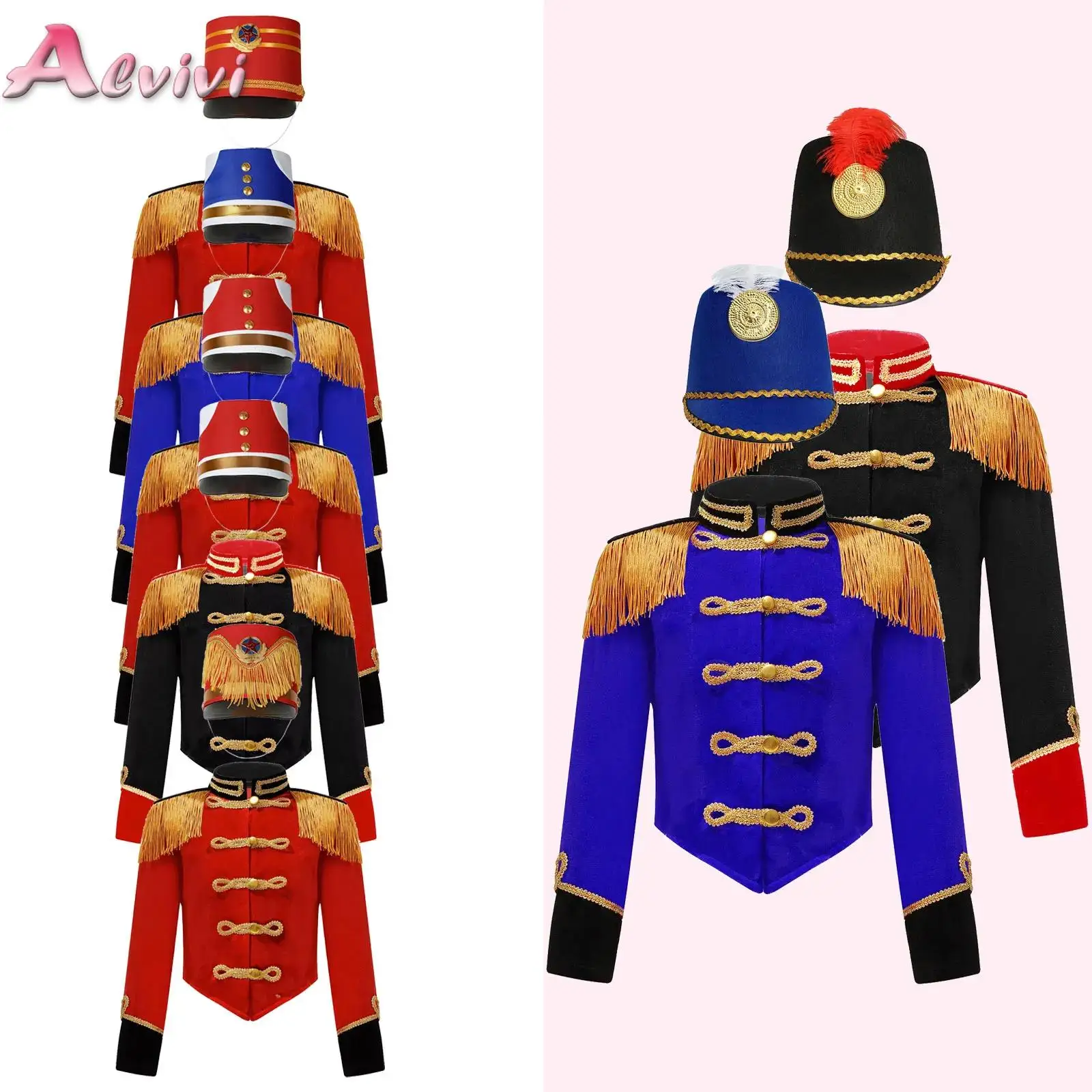 Boys Girls Drum Major Team Uniform with Hat Costume Set Halloween Nutcrackers Drama Drum Trumpet Royal Honor Guard Jacket Coat