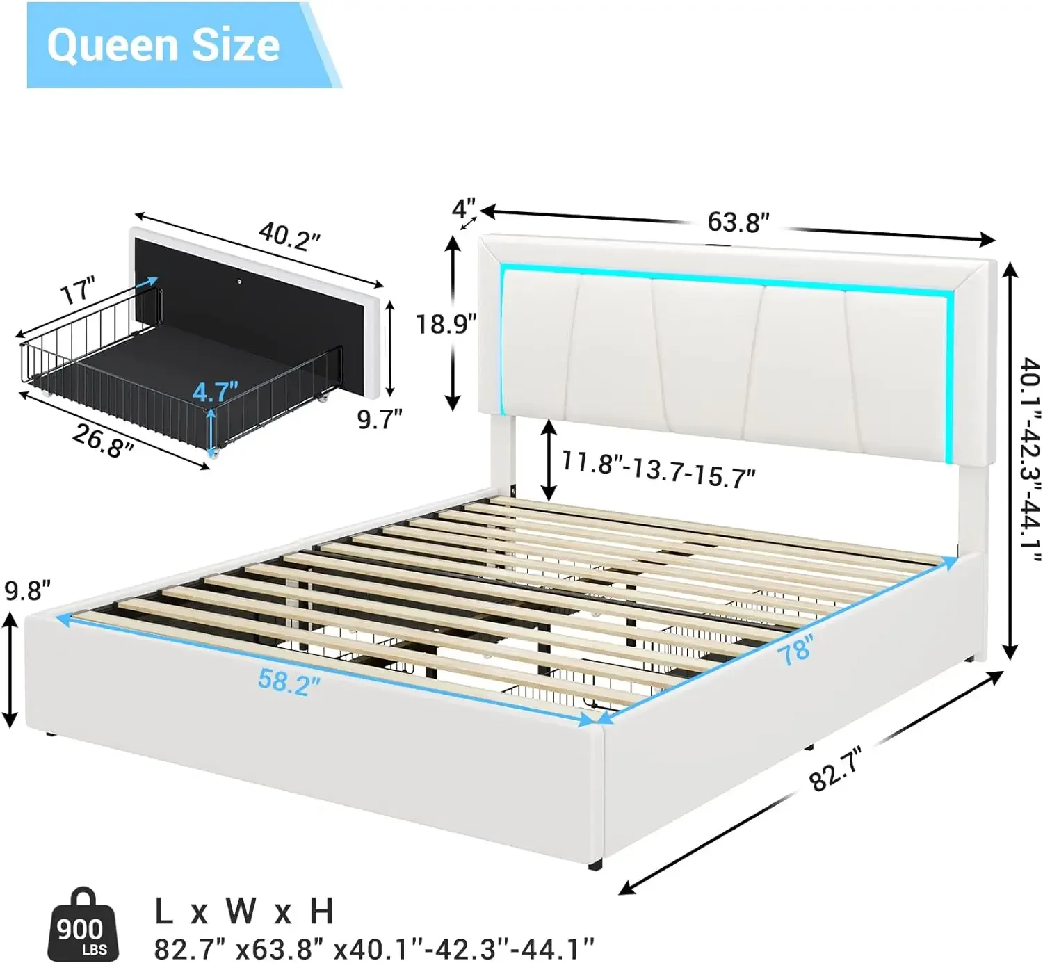 Bed Frame Queen/Full/Queen Size with 4 Storage Drawers and LED Lights Faux Leather Upholstered Queen LED Platform