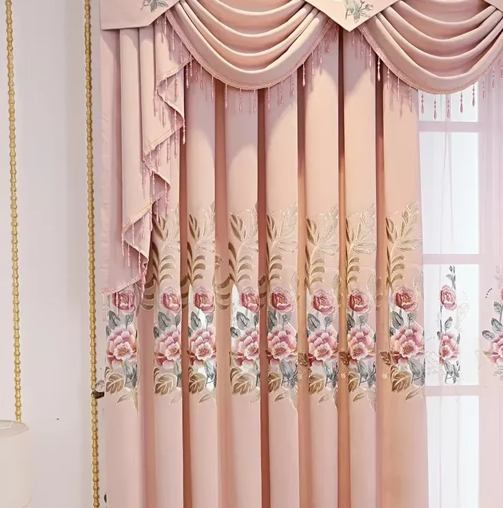 Custom Size European Embroidered Pink Valance Chenille Luxury Curtains for Living Dining Room Bedroom Blackout Window Door Decor