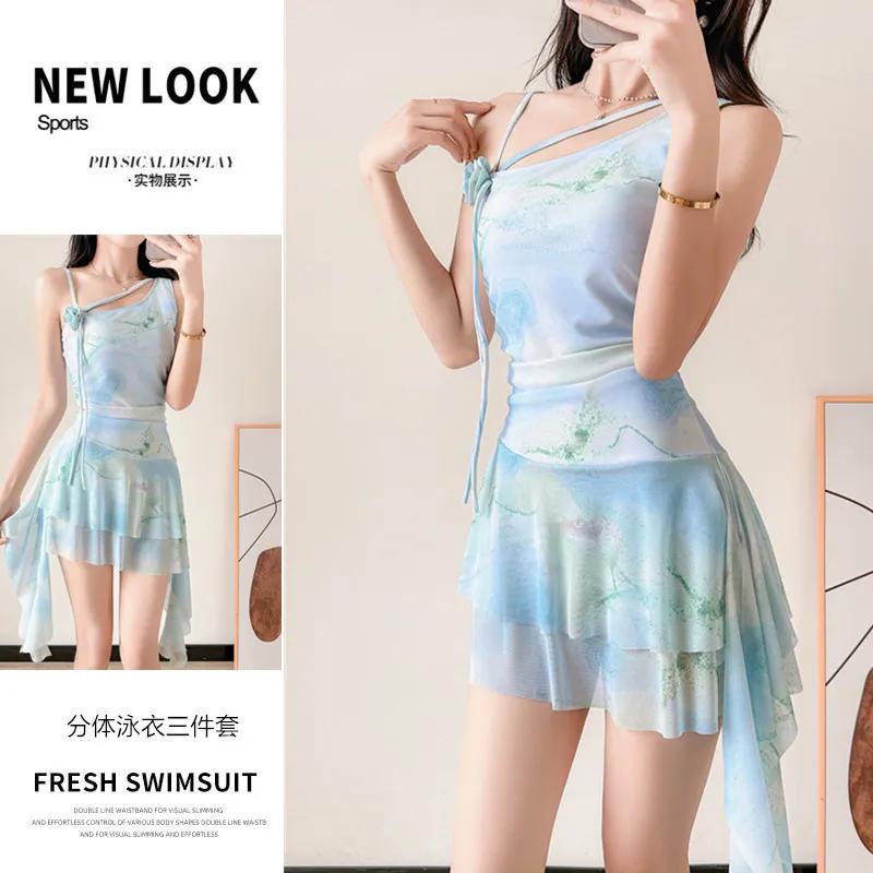 Conservative Tie Dye Beautiful Swimsuit Young Women One-piece Flat Corner Skirt Flat Corner Slim Vacation Swimsuit beach clothes