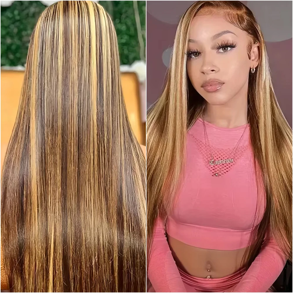

30 36 дюймов P4/27 Highlight Ombre Brown Bone Прямые человеческие волосы 13x4 13x6 HD Парик фронта шнурка Медовый блондин Цветные парики для женщин