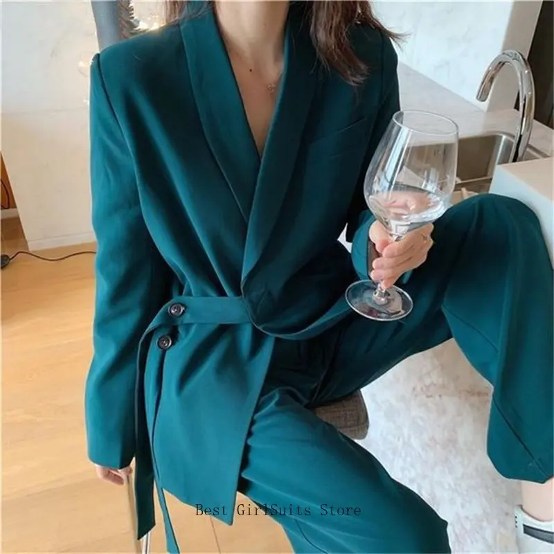 Elegante Frauen Anzüge Büro Set 2 Stück Blazer Mit Gürtel + Hosen Fashion Formal Designer Prom Abendkleid Nach Maß