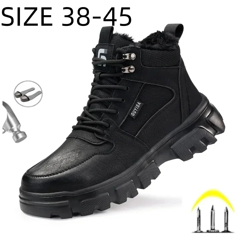 GUYISA Winter Warm Men Safety Shoes Black Leather Steel Toe Indestructible Work Boots Lightweight Men Sneakers Size 38-45