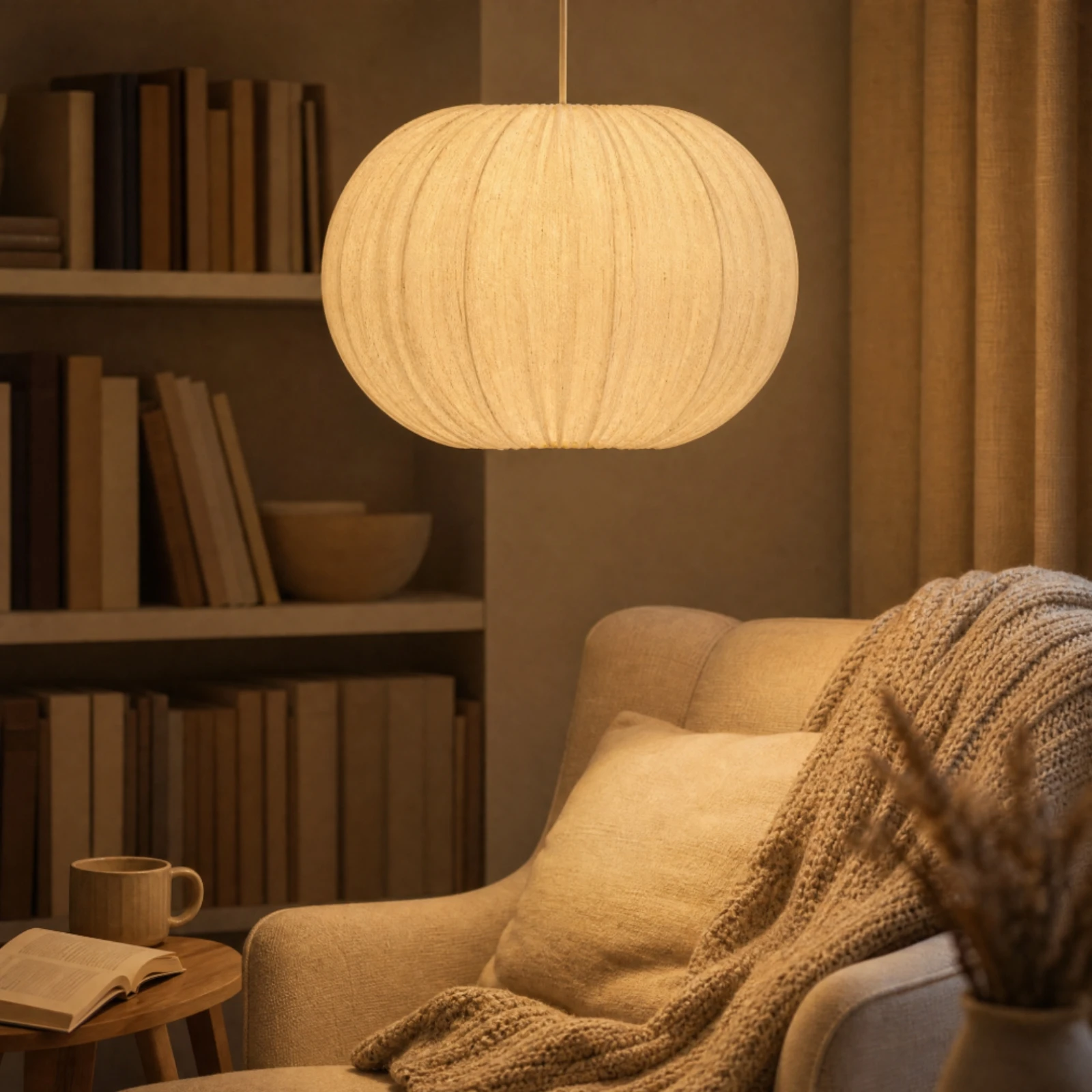 Pumpkin-Shaped Pendant Lampshade Minimalist Pleated Cloth Pendant Shade Linen Lamp Shade with Metal Frame Easy to Install