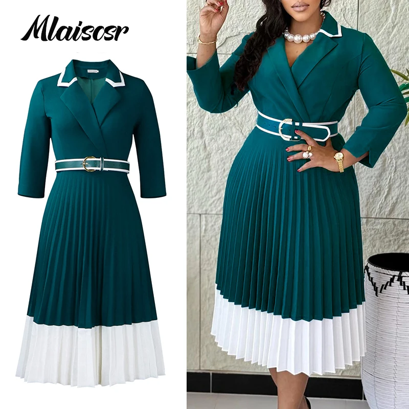 Mlaiscsr vert africain manches longues col cranté taille haute plissée Robe moyenne avec ceinture femmes bureau soirée robes d'invité Robe
