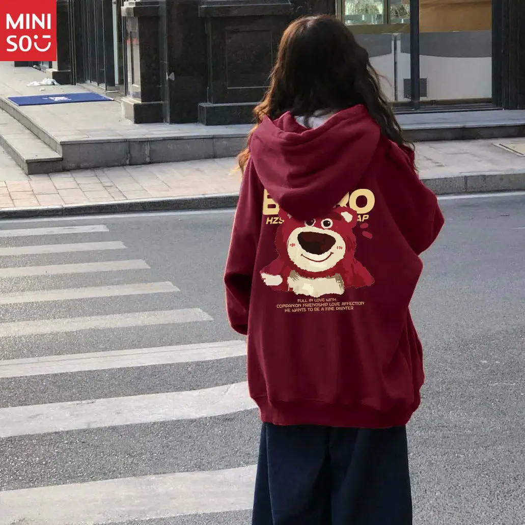 

Disney 2025 Fall/Winter Strawberry Bear Hooded Cardigan Sweater Women's Burgundy Pullover Fleece Thickened Zipper Jacket