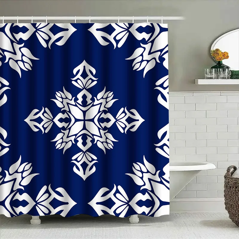 

Королевский синий, белый цветок, занавеска для душа, декор для ванной комнаты, водонепроницаемый тканевый коврик для ванной для домашнего использования, один размер (59x72)