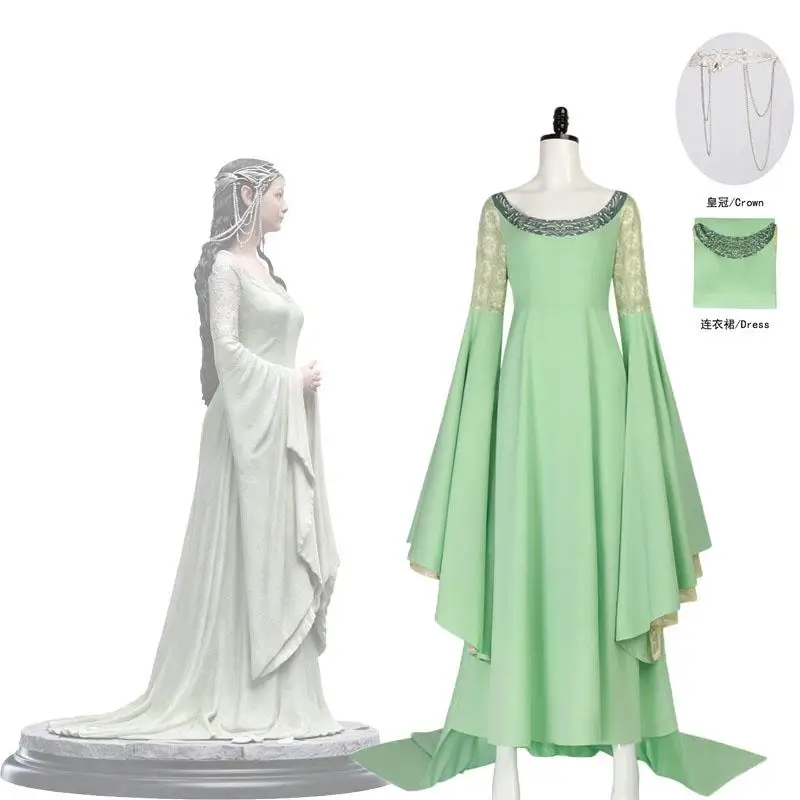 Movies Arwen Cosplay Green long Dresses Wide Sleeve Crown props Elven Princess Lady Costumes Halloween Carnival Party for Woman