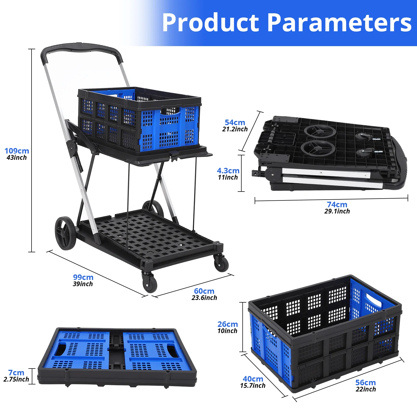 Folding Shopping Cart with Wheels, Collapsible Cart with Storage Crate, 2-Layer Utility Carts, High-Capacity Storage Outdoor