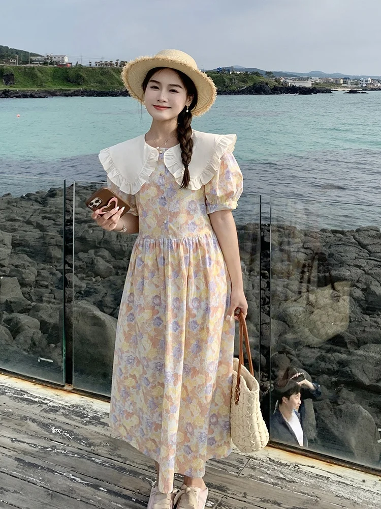 فستان صيفي جديد بطبعة زهور طويل للنساء، فستان ماكسي كاجوال بتصميم عتيق بخصر مرتفع وقصة A-Line وأكمام قصيرة