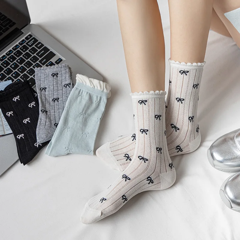 

Bow Socks Women's Mid-Calf Socks Spring and Summer Thin Cotton Socks Japanese Style Girl Ballet Style Mesh Pile Socks