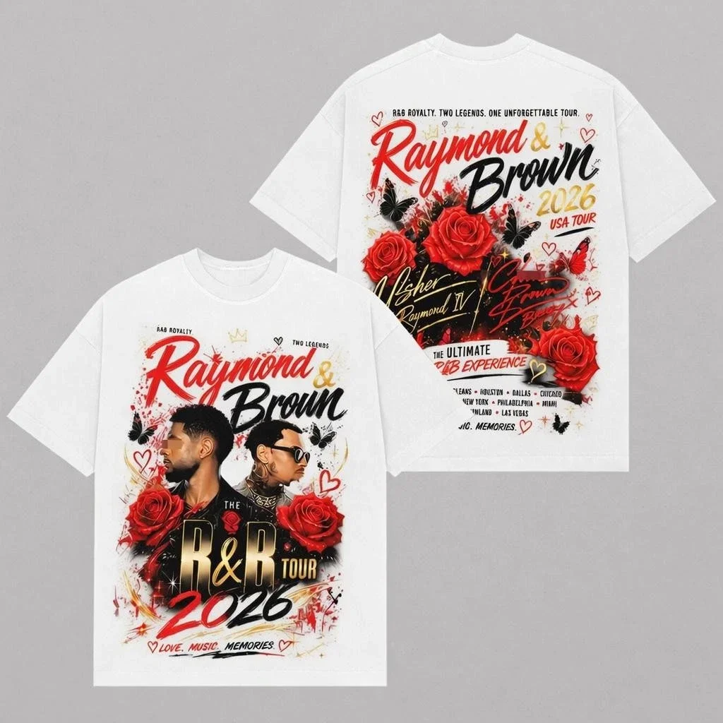 Camiseta de algodón gráfica de verano para hombre Chris Brown Usher R&B Tour 2026, camiseta de lujo estilo streetwear para conciertos Ins Y2k