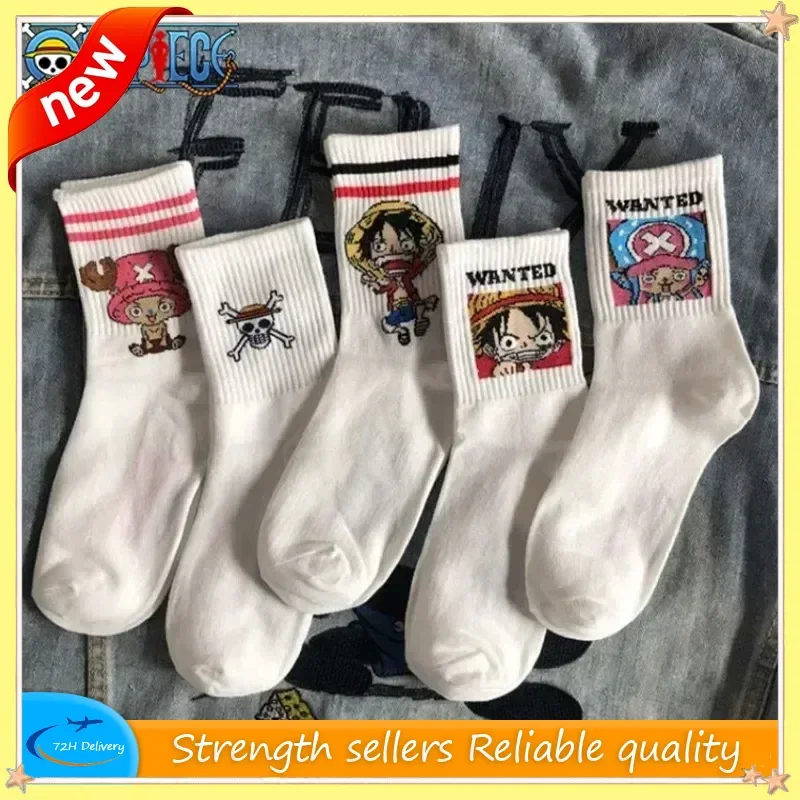 5 pièces Anime une pièce chaussettes dessin animé Luffy Chopper étudiant coton blanc longues courtes bateau chaussettes imprimé tricoté chaussettes enfants cadeau