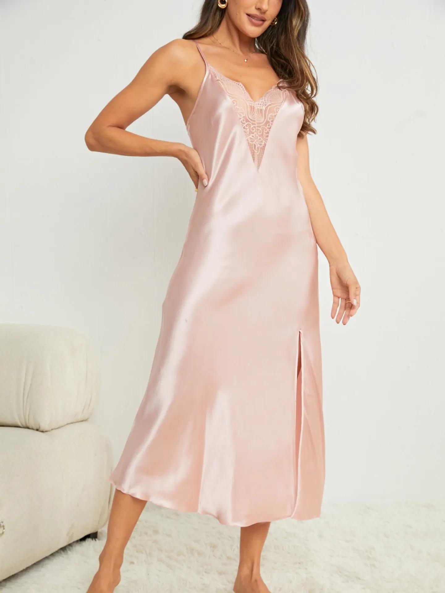 Satin Slip Night Dress for Women, Lace V-Neck Nightgown with Side Slit Loungewear Nightwear Sleepwear for Ladies Bridal Nighty